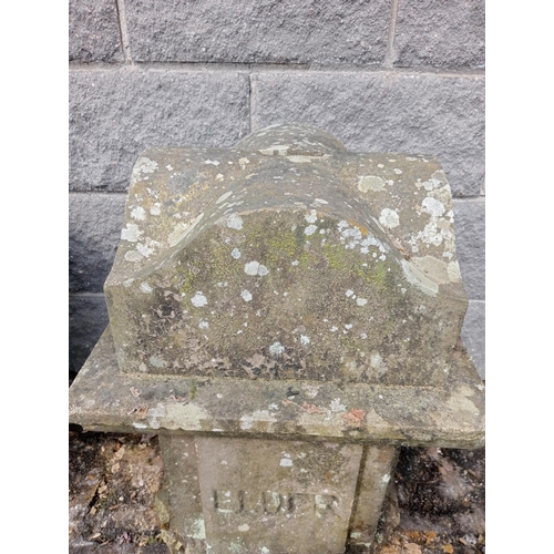 593 - Pair of large stone pier caps inscribed Mount Elder {H 60cm x W 45cm x D 45cm }. (NOT AVAILABLE TO V... 