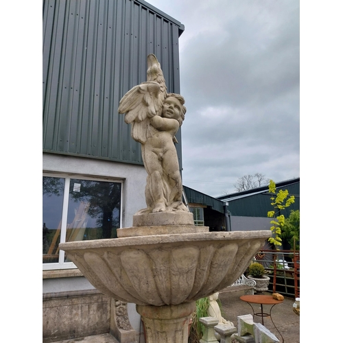 596 - Good quality moulded sandstone two-tiered fountain surmounted by Cherub with surround {250 cm H x 24... 