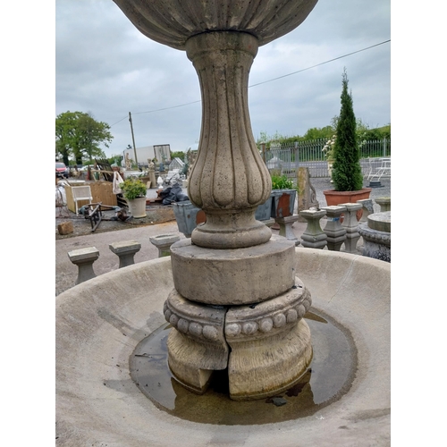 596 - Good quality moulded sandstone two-tiered fountain surmounted by Cherub with surround {250 cm H x 24... 