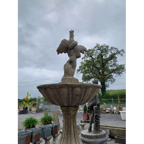 596 - Good quality moulded sandstone two-tiered fountain surmounted by Cherub with surround {250 cm H x 24... 