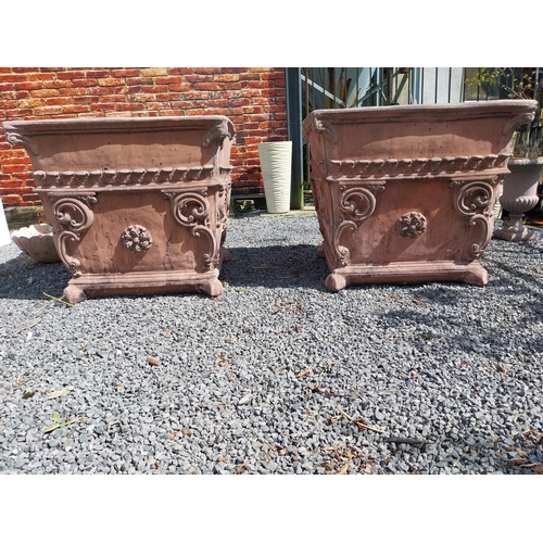 598 - Pair of Italian decorative moulded terracotta urns in the Rocco style {89 cm H x 100 cm W x 100 cm D... 