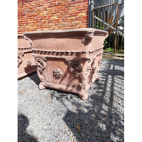 598 - Pair of Italian decorative moulded terracotta urns in the Rocco style {89 cm H x 100 cm W x 100 cm D... 