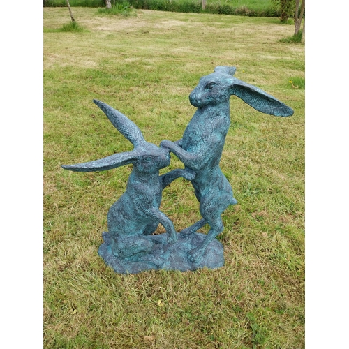 600 - Exceptional quality bronze sculpture of Hares at play {76cm H x 75cm W x 33cm D}