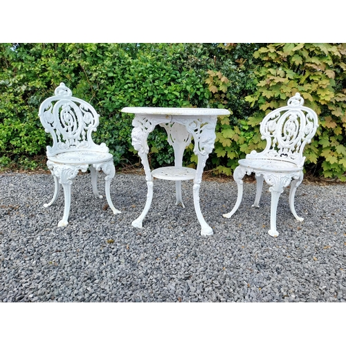 602 - 19th C. cast iron garden table with two matching chairs {Tbl. 68 cm H x 59 cm Dia. and Chairs 83 cm ... 