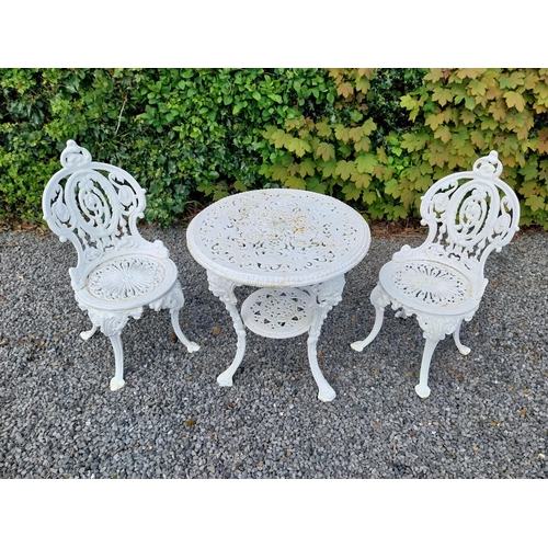 602 - 19th C. cast iron garden table with two matching chairs {Tbl. 68 cm H x 59 cm Dia. and Chairs 83 cm ... 