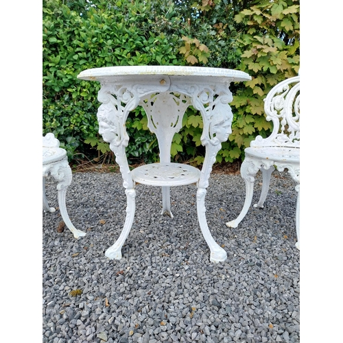 602 - 19th C. cast iron garden table with two matching chairs {Tbl. 68 cm H x 59 cm Dia. and Chairs 83 cm ... 