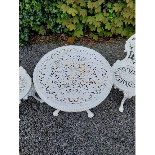 602 - 19th C. cast iron garden table with two matching chairs {Tbl. 68 cm H x 59 cm Dia. and Chairs 83 cm ... 