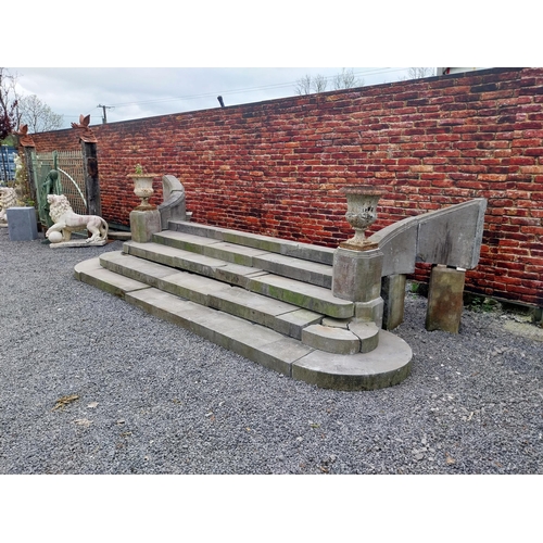 605 - Rare 19th C. carved limestone entrance staircase with five steps, two columns and swooping sides {15... 