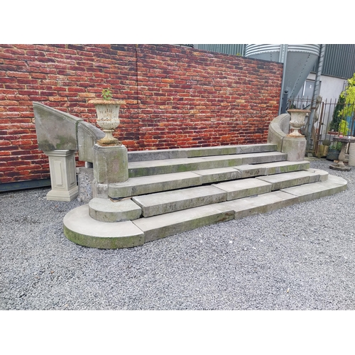 605 - Rare 19th C. carved limestone entrance staircase with five steps, two columns and swooping sides {15... 