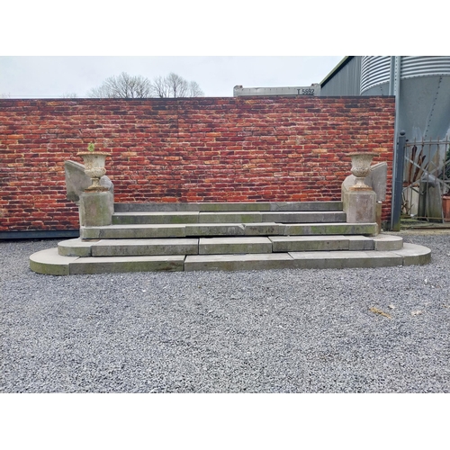 605 - Rare 19th C. carved limestone entrance staircase with five steps, two columns and swooping sides {15... 