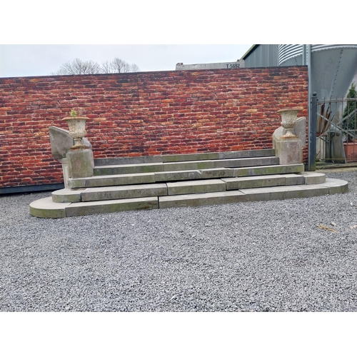 605 - Rare 19th C. carved limestone entrance staircase with five steps, two columns and swooping sides {15... 