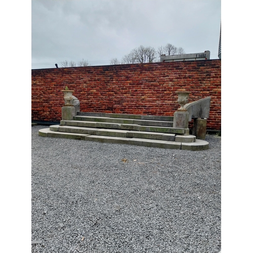 605 - Rare 19th C. carved limestone entrance staircase with five steps, two columns and swooping sides {15... 