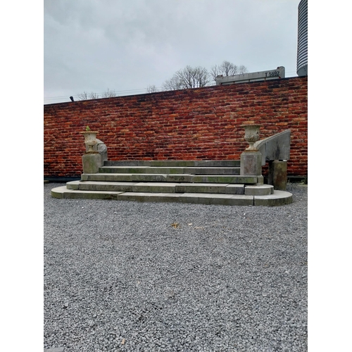 605 - Rare 19th C. carved limestone entrance staircase with five steps, two columns and swooping sides {15... 