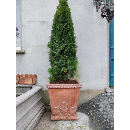 620 - Pair of moulded terracotta urns decorated with acanthus leaf {62 cm H x 58 cm W x 58 cm D}.