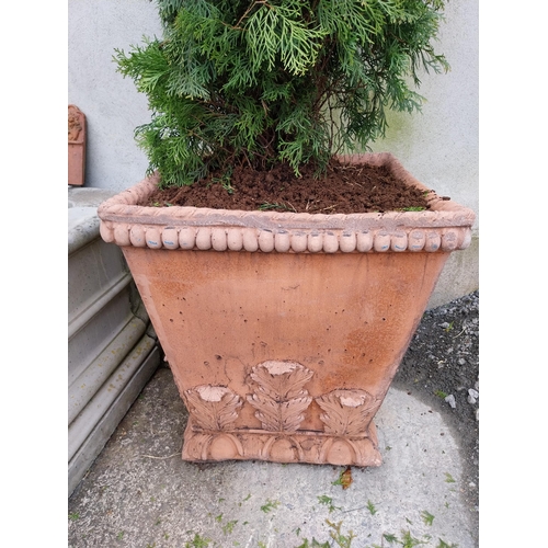 620 - Pair of moulded terracotta urns decorated with acanthus leaf {62 cm H x 58 cm W x 58 cm D}.