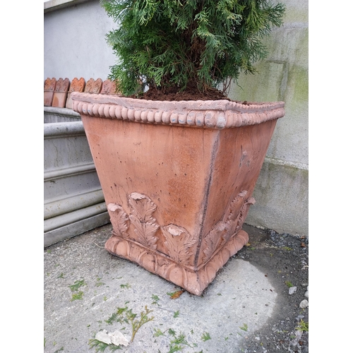 620 - Pair of moulded terracotta urns decorated with acanthus leaf {62 cm H x 58 cm W x 58 cm D}.