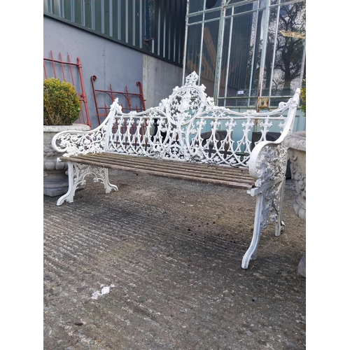 630 - Decorative cast alloy garden bench in the Victorian style {99 cm H x 150 cm W x 68 cm D}.