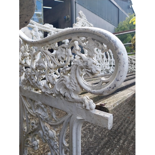 630 - Decorative cast alloy garden bench in the Victorian style {99 cm H x 150 cm W x 68 cm D}.