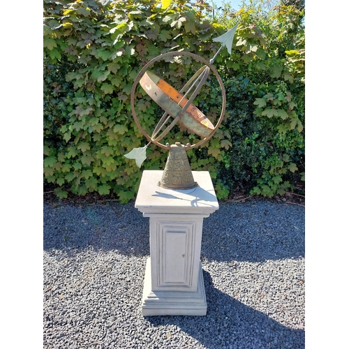 652 - Copper and metal Armorial sundial raised on moulded sandstone pedestal {158 cm H x 40 cm W x 40 cm D... 