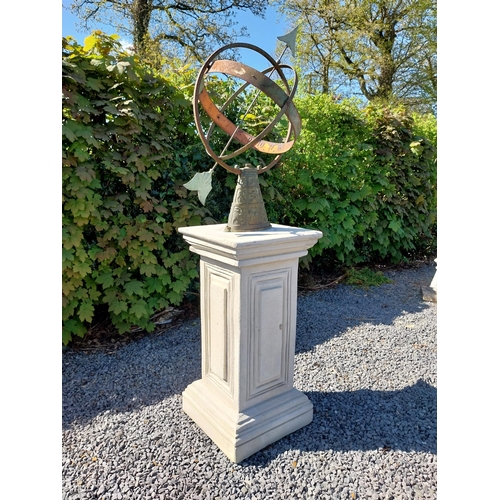 652 - Copper and metal Armorial sundial raised on moulded sandstone pedestal {158 cm H x 40 cm W x 40 cm D... 