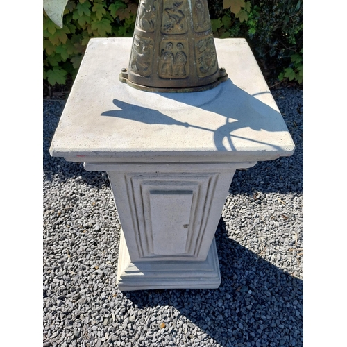 652 - Copper and metal Armorial sundial raised on moulded sandstone pedestal {158 cm H x 40 cm W x 40 cm D... 