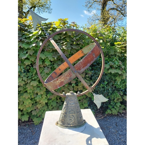 652 - Copper and metal Armorial sundial raised on moulded sandstone pedestal {158 cm H x 40 cm W x 40 cm D... 