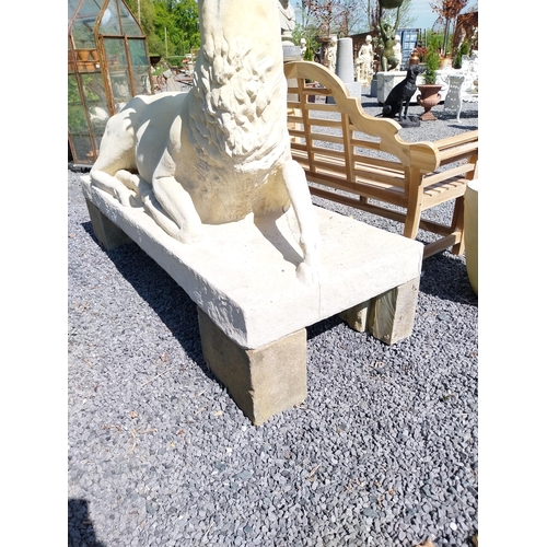 680 - Good quality moulded sandstone life-size statue of a Stag mounted in plinth {190 cm H x 204 cm W x 8... 