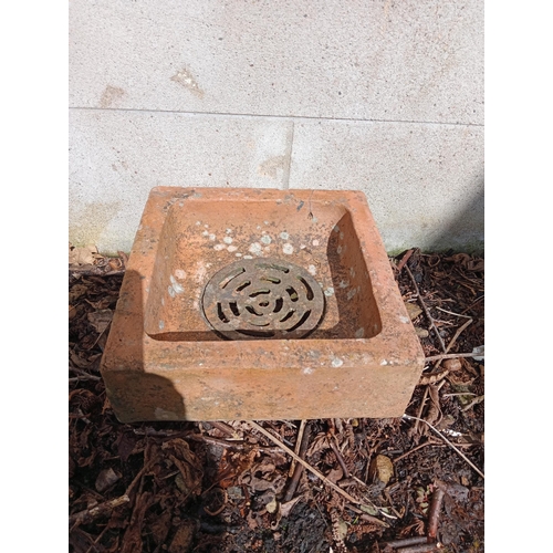 681 - Terracotta drain gully with original cast iron grate cover {H 10cm x W 62cm x D 46cm }. (NOT AVAILAB... 