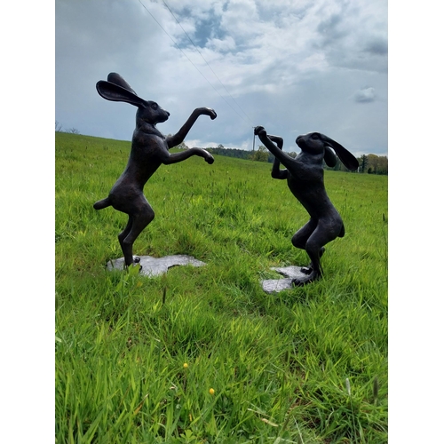 685 - Exceptional quality bronze statues of Boxing Hares {86 cm H x 60 cm W x 30 cm D and 70 cm H x 60 cm ... 