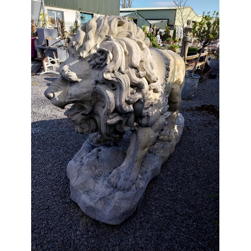 69 - Pair of exceptional quality moulded sandstone majestic Lions {132 cm H x 210 cm W x 80 cm D}.