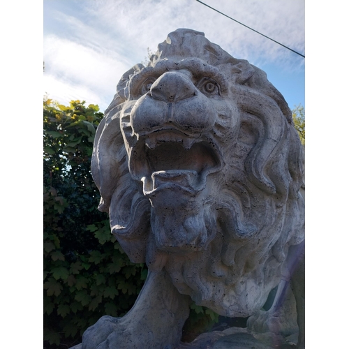 69 - Pair of exceptional quality moulded sandstone majestic Lions {132 cm H x 210 cm W x 80 cm D}.