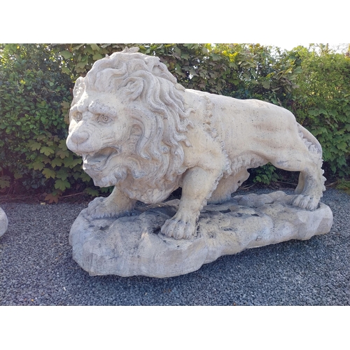 69 - Pair of exceptional quality moulded sandstone majestic Lions {132 cm H x 210 cm W x 80 cm D}.