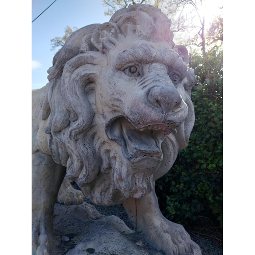 69 - Pair of exceptional quality moulded sandstone majestic Lions {132 cm H x 210 cm W x 80 cm D}.