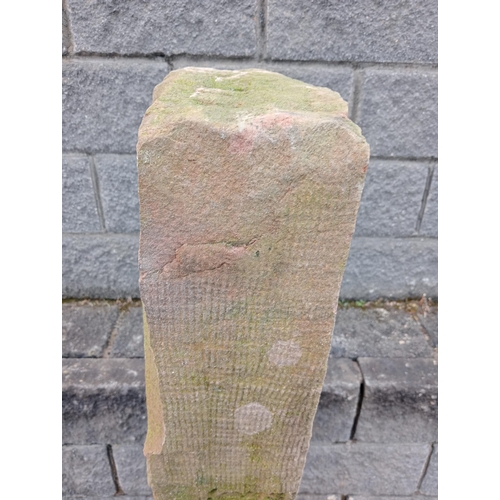 693 - Pair of red sandstone cottage gateposts {H 152cm x W 13cm x D 30cm }. (NOT AVAILABLE TO VIEW IN PERS... 