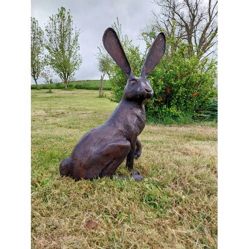 70 - Exceptional quality bronze statue of a seated Hare with ears up {61 cm H x 35 cm W x 20 cm D}.