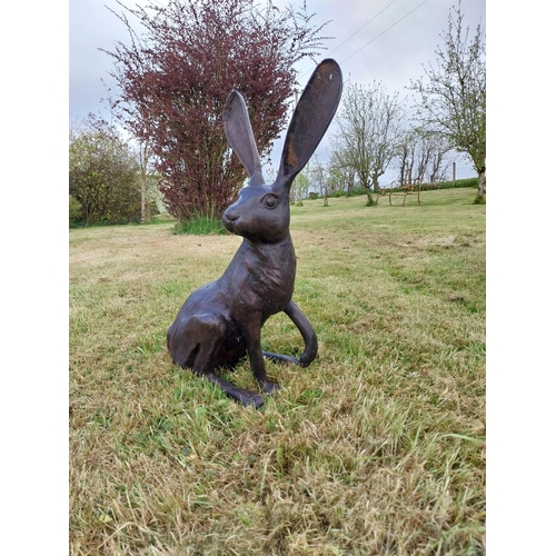 70 - Exceptional quality bronze statue of a seated Hare with ears up {61 cm H x 35 cm W x 20 cm D}.