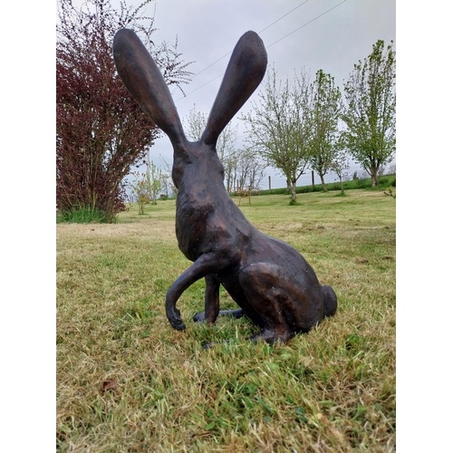 70 - Exceptional quality bronze statue of a seated Hare with ears up {61 cm H x 35 cm W x 20 cm D}.