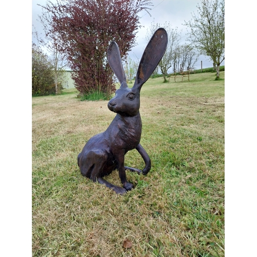 70 - Exceptional quality bronze statue of a seated Hare with ears up {61 cm H x 35 cm W x 20 cm D}.