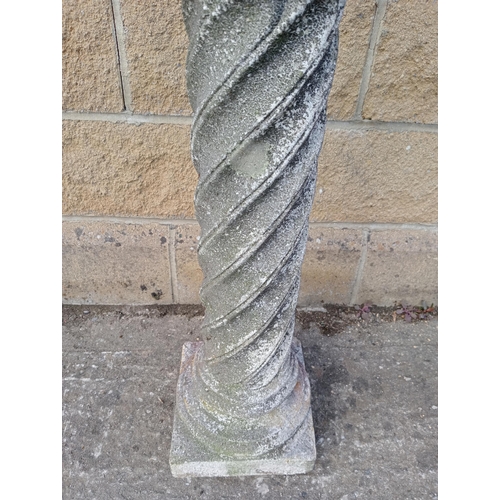 701 - Three Stone pillars with barley twist Corinthian style tops {H 180cm x W 30cm x D 30cm }. (NOT AVAIL... 