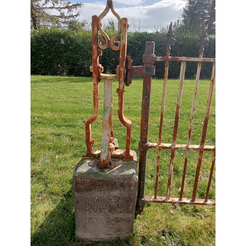 707 - Wrought iron entrance gate with scroll design posts mounted on stone bases {H 113cm x W 178cm x D 30... 