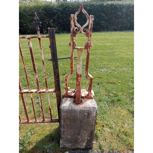 707 - Wrought iron entrance gate with scroll design posts mounted on stone bases {H 113cm x W 178cm x D 30... 