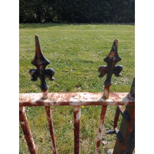 707 - Wrought iron entrance gate with scroll design posts mounted on stone bases {H 113cm x W 178cm x D 30... 