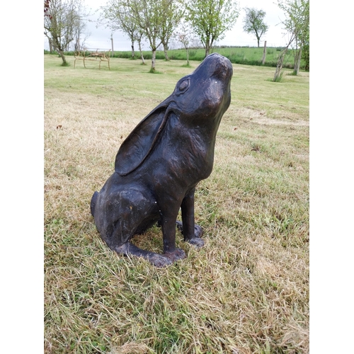 71 - Exceptional quality bronze statue of a seated Hare with ears back  {36 cm H x 38 cm W x 23 cm D}.