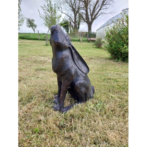 71 - Exceptional quality bronze statue of a seated Hare with ears back  {36 cm H x 38 cm W x 23 cm D}.