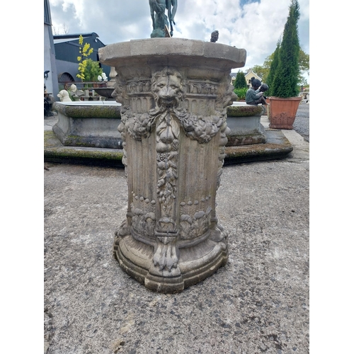 710 - Good quality bronze sundial raised on moulded stone pedestal decorated with lions mask {78 cm H x 48... 