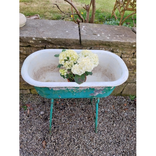 732 - Early 20th C. cast iron and enamel sink on stand {91 cm H x 80 cm W x 13 cm D}.