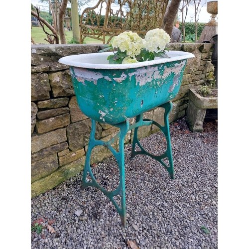 732 - Early 20th C. cast iron and enamel sink on stand {91 cm H x 80 cm W x 13 cm D}.