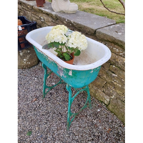 732 - Early 20th C. cast iron and enamel sink on stand {91 cm H x 80 cm W x 13 cm D}.