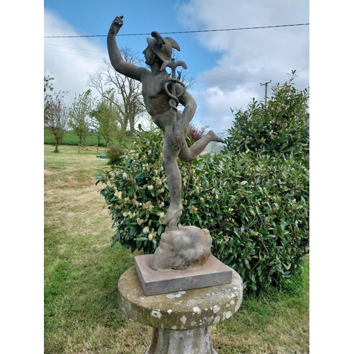 738 - Cast iron with bronze effect sculpture of Mercury mounted on plinth {106 cm H x 29 cm W x 35 cm D}.