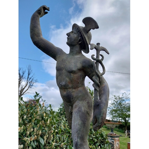 738 - Cast iron with bronze effect sculpture of Mercury mounted on plinth {106 cm H x 29 cm W x 35 cm D}.